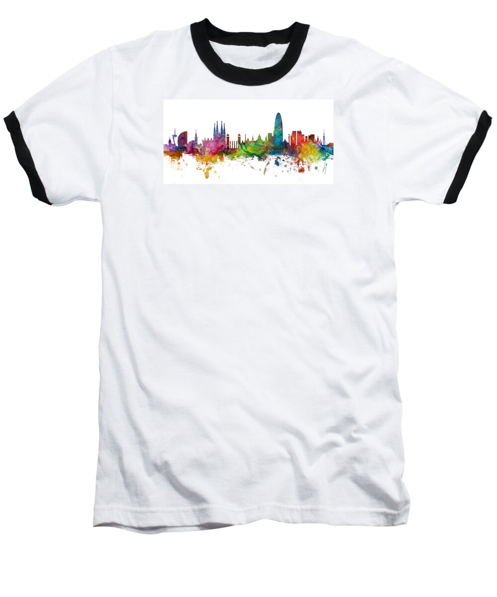 Barcelona Baseball T-Shirt featuring the digital art Barcelona Spain Skyline Panoramic by Michael Tompsett