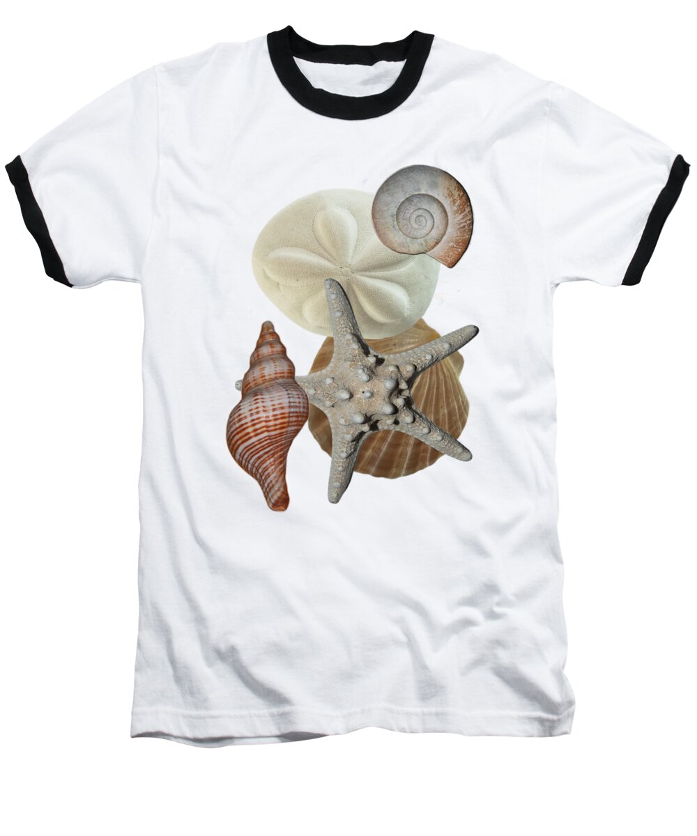 Shells; Sea Shells; Sea Biscuit; Sea Creature; Sea Life; Starfish; Knobby Starfish; Beach Bounty; Beach Find; Beach Theme; Beach Decor; Beachy; Shell Collage; Sand Dollar Baseball T-Shirt featuring the photograph Beach Bounty by Judy Hall-Folde