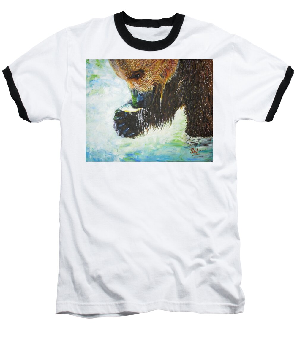 Painting Baseball T-Shirt featuring the painting Bear Fishing by Shirley Wellstead