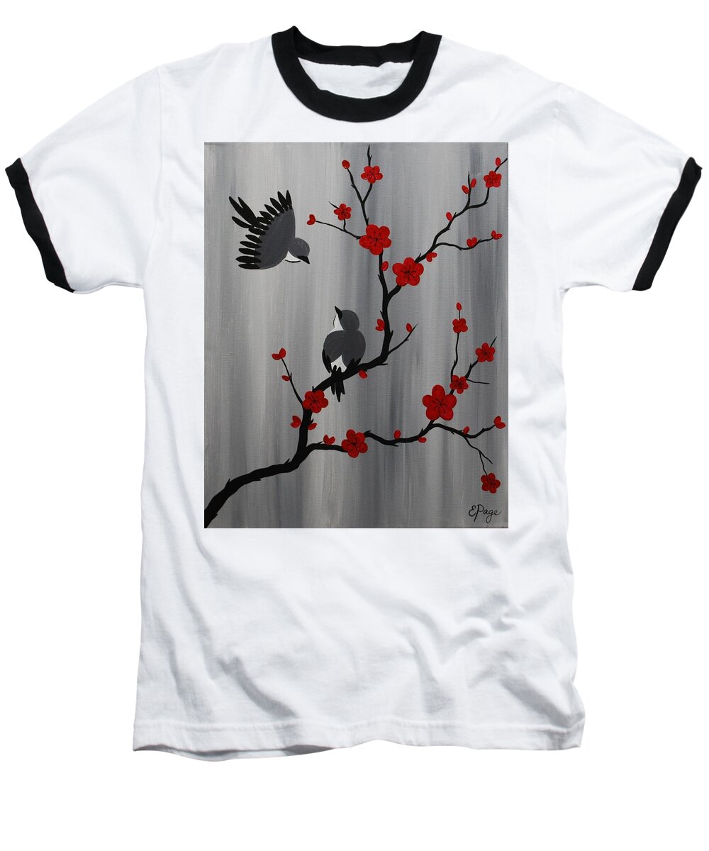 Birds Baseball T-Shirt featuring the painting Birds and Blooms in Red by Emily Page