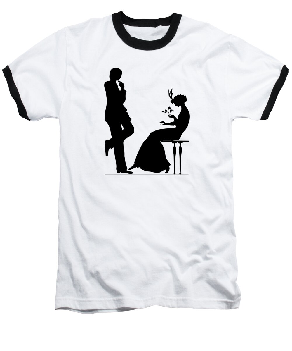Man And Woman Baseball T-Shirt featuring the digital art Black and White Silhouette of a Man giving a Woman a Flower by Rose Santuci-Sofranko