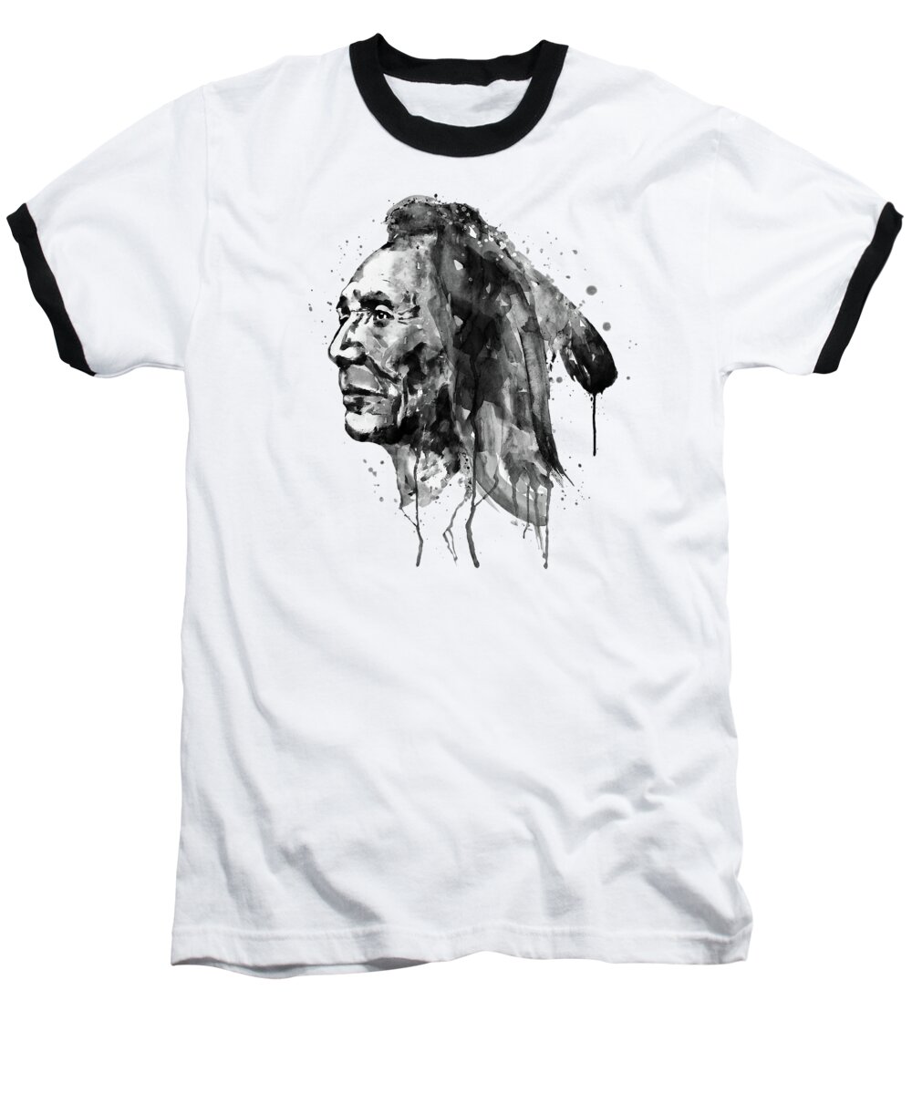 Sioux Baseball T-Shirt featuring the painting Black and White Sioux Warrior Watercolor by Marian Voicu