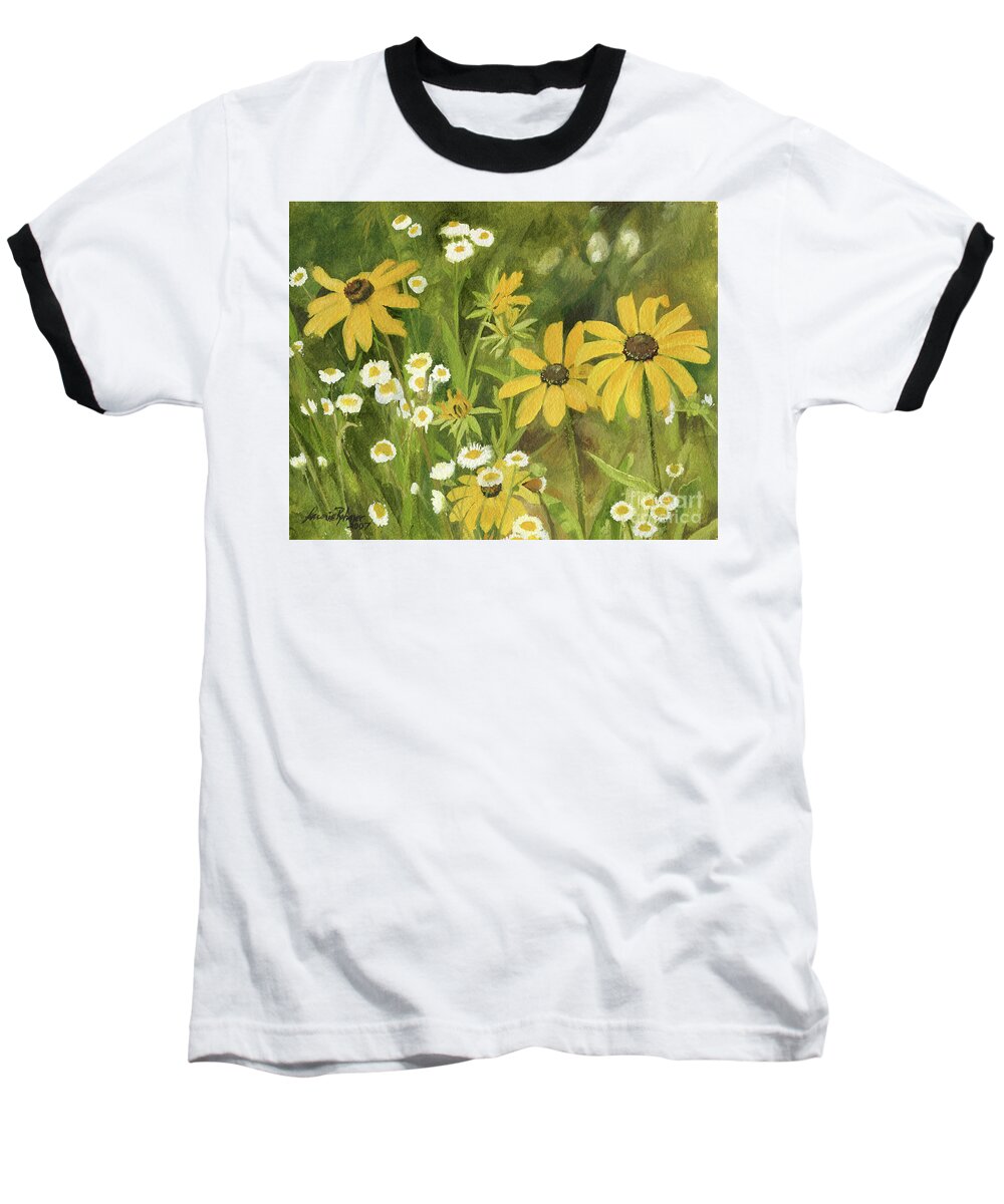 Nature Art Baseball T-Shirt featuring the painting Black-eyed Susans in a Field by Laurie Rohner