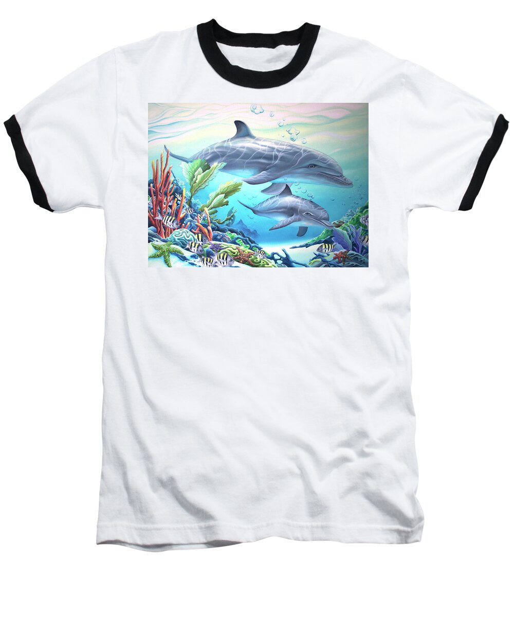 Dolphins Baseball T-Shirt featuring the painting Blowing Bubbles by William Love