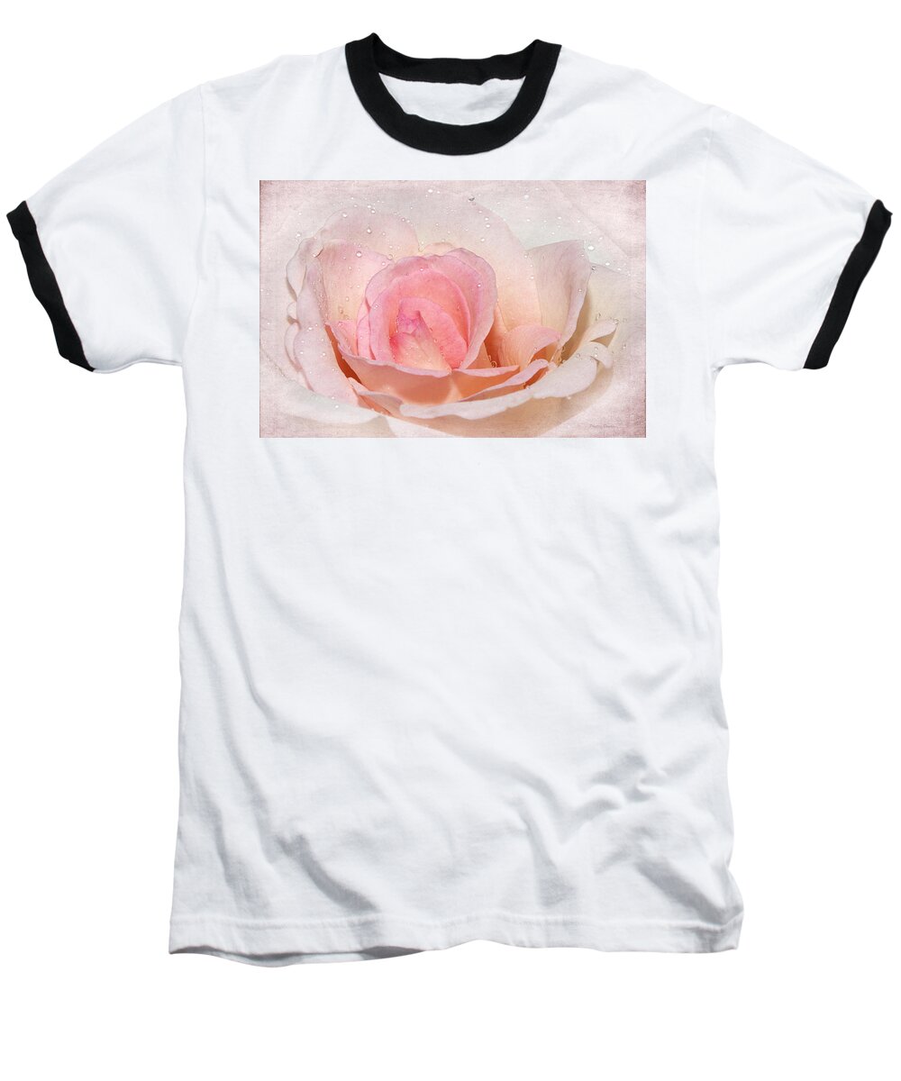 Rose Baseball T-Shirt featuring the photograph Blush Pink Dewy Rose by Phyllis Denton