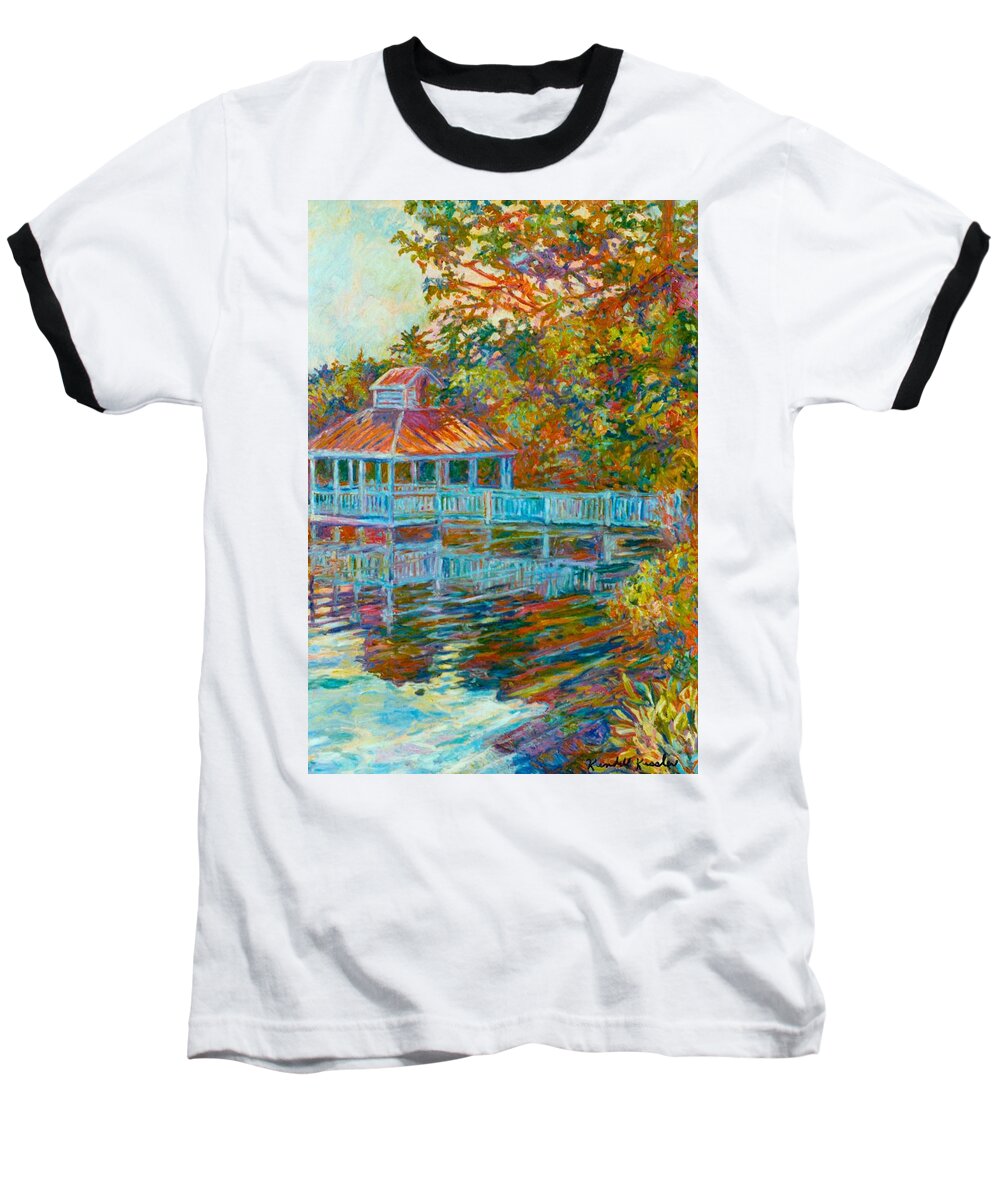 Mountain Lake Baseball T-Shirt featuring the painting Boathouse at Mountain Lake by Kendall Kessler