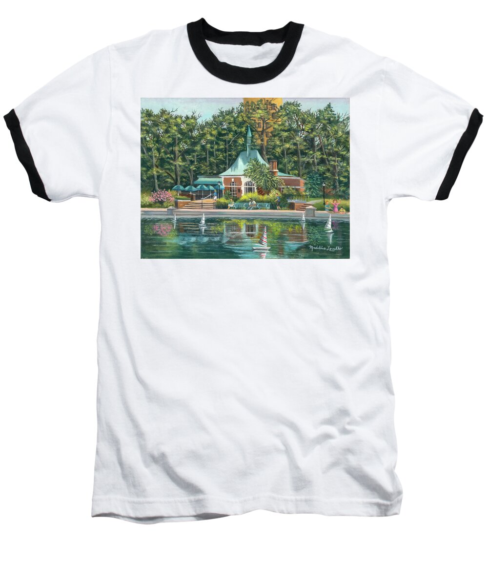 Boathouse Canopy Baseball T-Shirt featuring the painting BoatHouse In Central Park, N.Y. by Madeline Lovallo