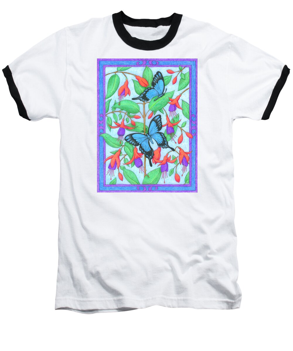 Flower Baseball T-Shirt featuring the drawing Butterfly Idyll-Fuchsias by Alison Stein