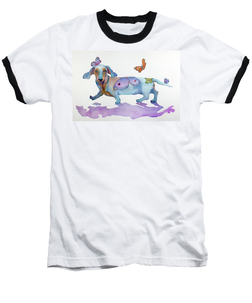 Dachshund Baseball T-Shirt featuring the painting Butterfly Doxie Doo by Marcia Baldwin
