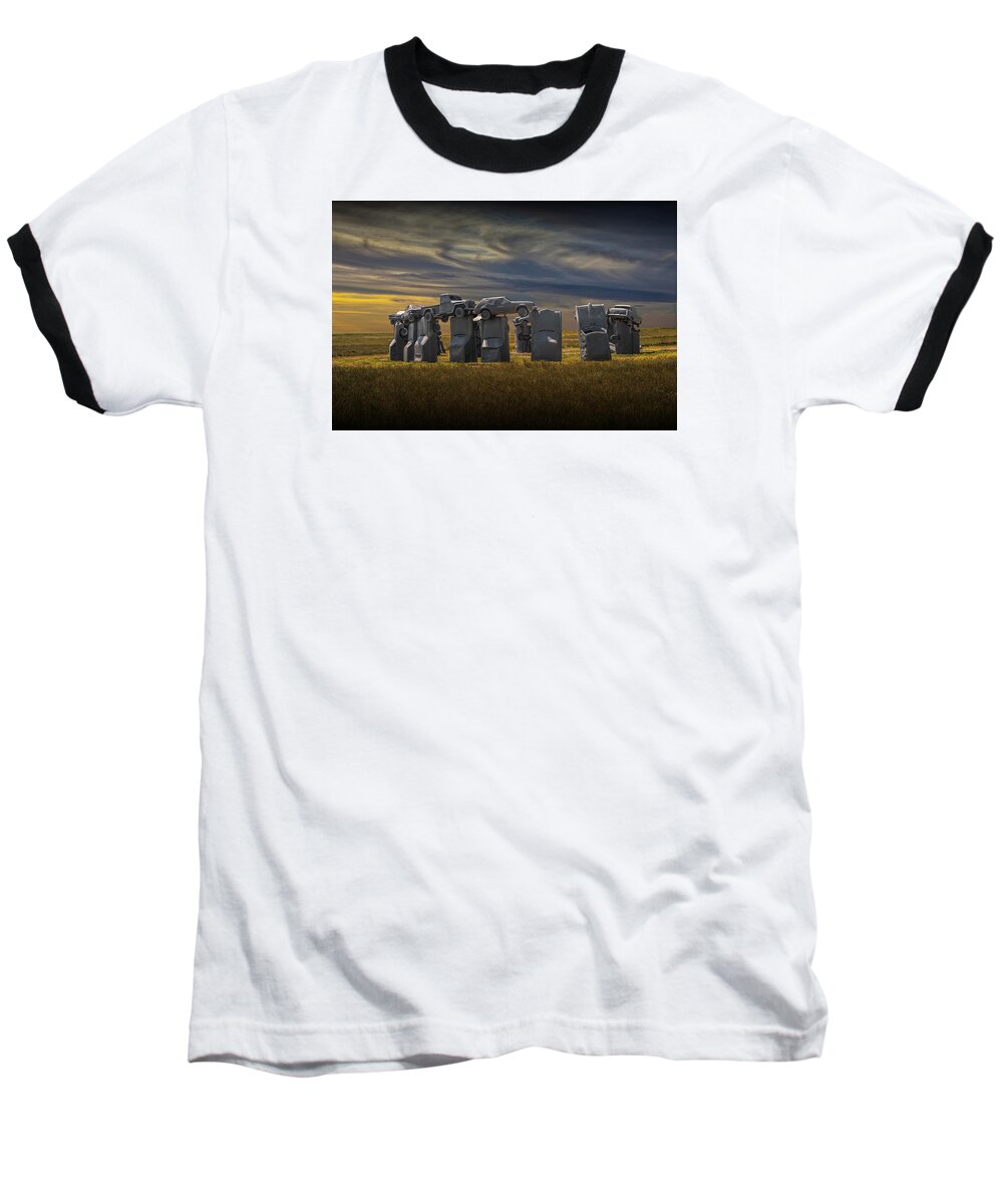 Henge Baseball T-Shirt featuring the photograph Car Henge in Alliance Nebraska at Sunset by Randall Nyhof