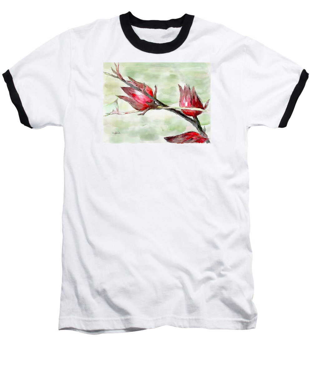 Sorrel Baseball T-Shirt featuring the painting Caribbean Scenes - Sorrel Plant by Wayne Pascall