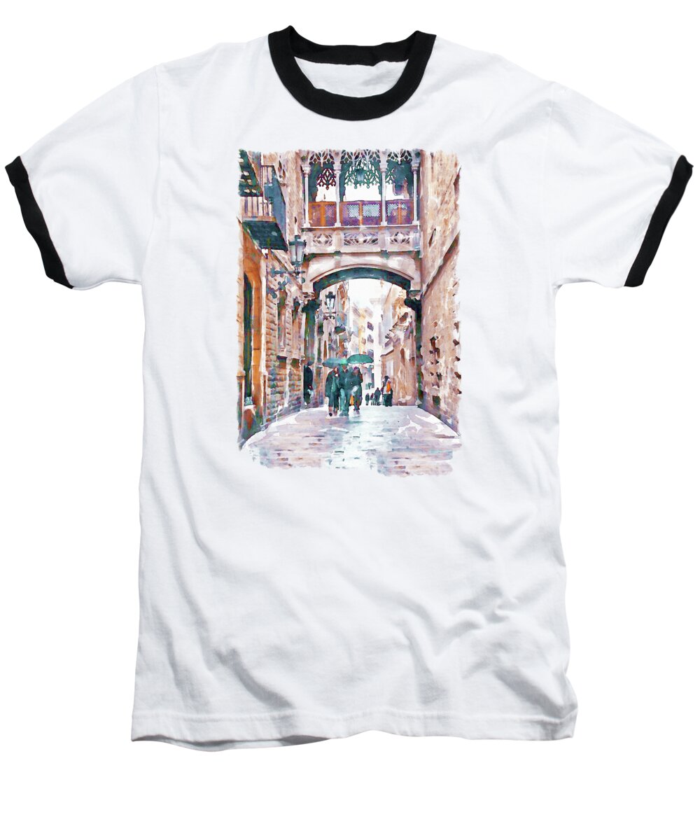 Marian Voicu Baseball T-Shirt featuring the painting Carrer del Bisbe - Barcelona by Marian Voicu