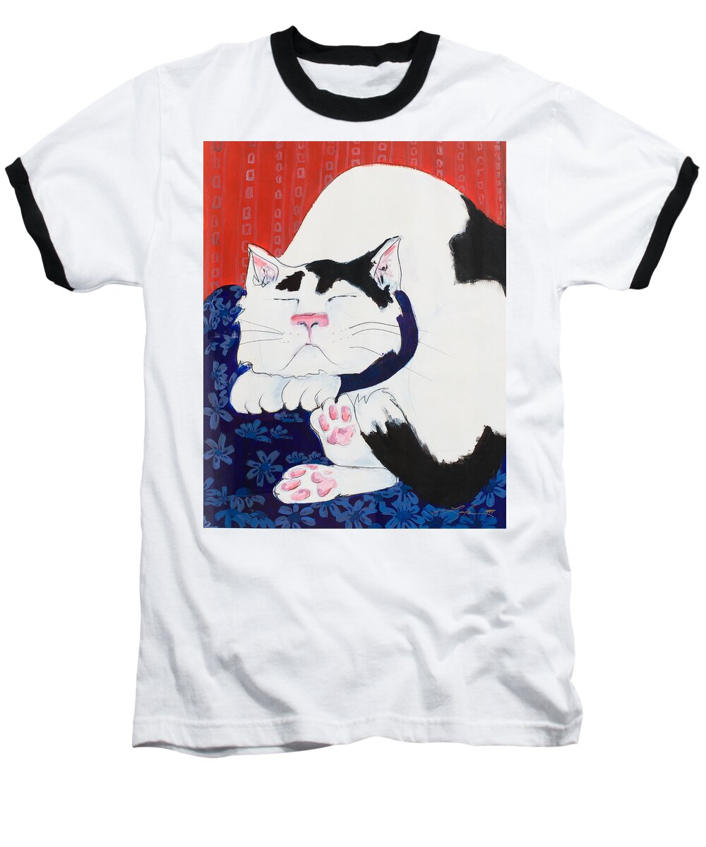 Leela Baseball T-Shirt featuring the painting Cat I - Asleep by Leela Payne