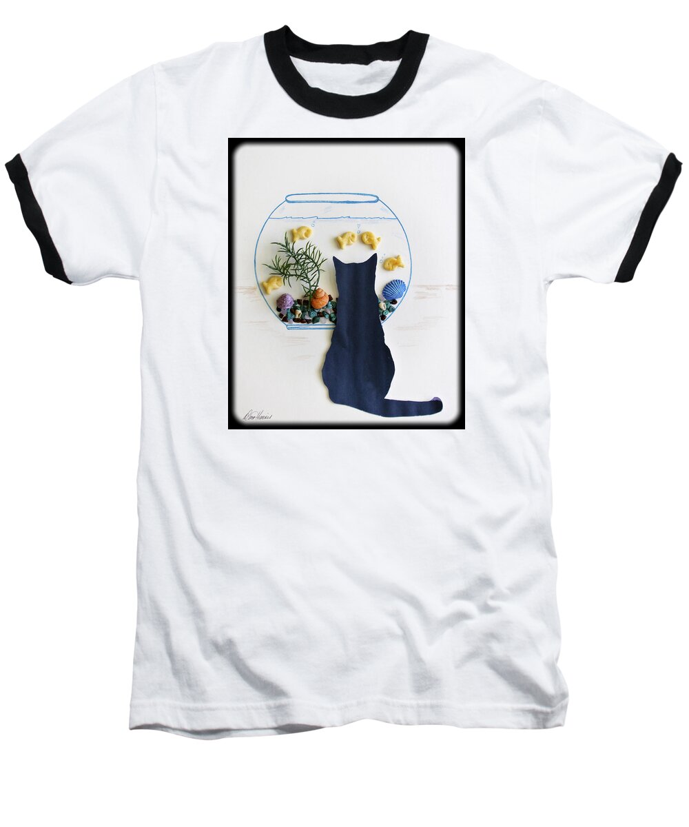 Cat Baseball T-Shirt featuring the mixed media Black Cat and Goldfish by Diana Haronis