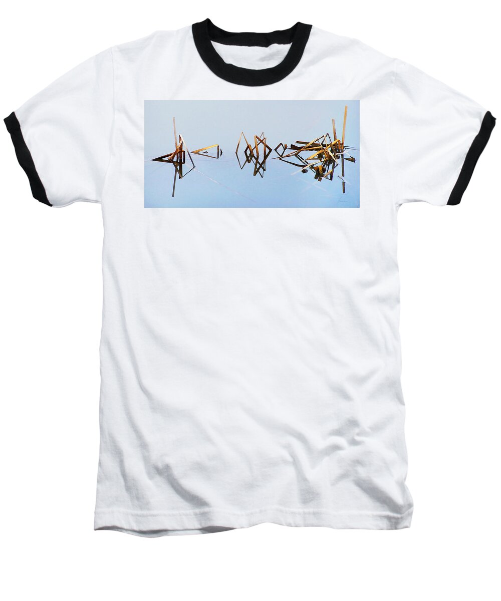 Cattails Weeds Water Reflections Pond Lake Fog Abstract Baseball T-Shirt featuring the photograph Cattail Reflections by Frances Miller
