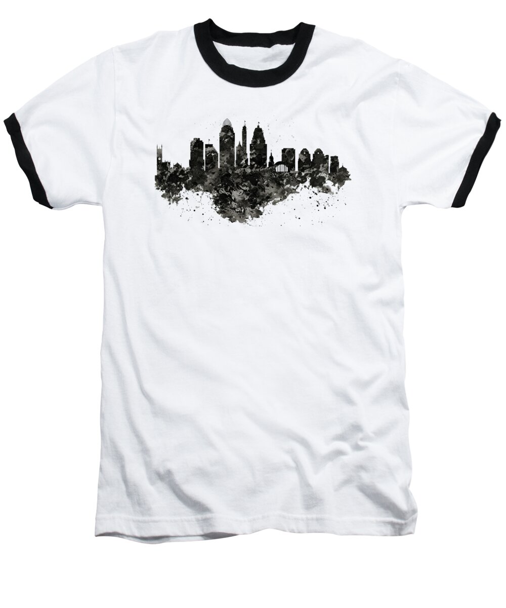 Cincinnati Baseball T-Shirt featuring the painting Cincinnati Skyline Black and White by Marian Voicu