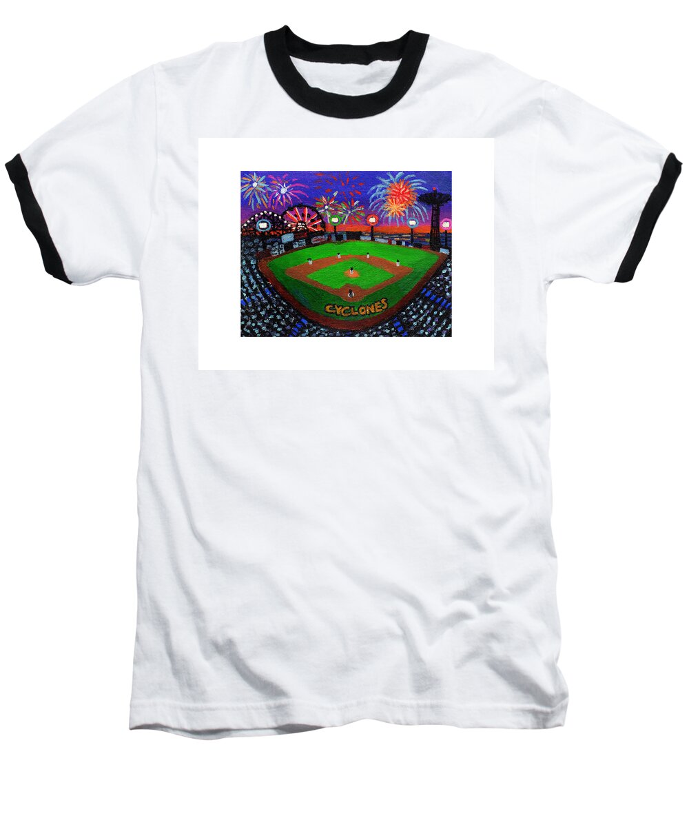 Coney Island Cyclones Stadium Baseball T-Shirt featuring the painting Coney Island Cyclones Fireworks Display by Bonnie Siracusa