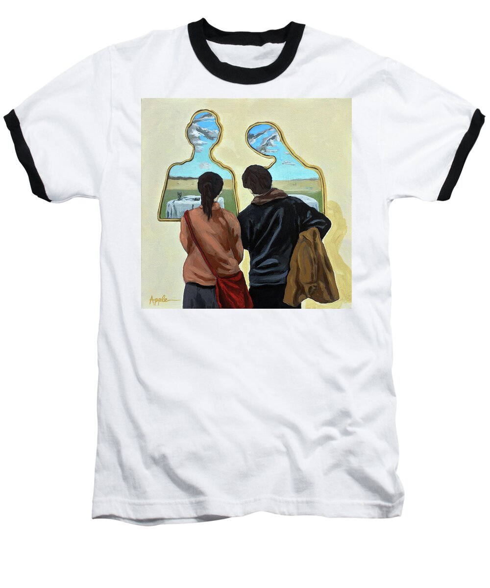 Dali Art Baseball T-Shirt featuring the painting Couple with Their Heads Full of Clouds by Linda Apple