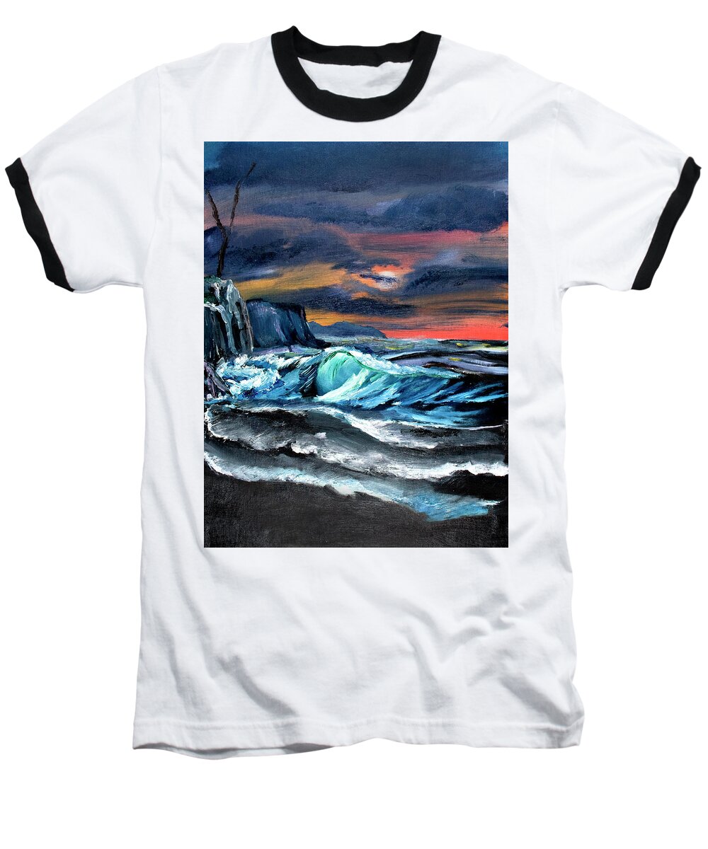 Landscape Baseball T-Shirt featuring the painting Crashing Wave At Sunset by David Martin