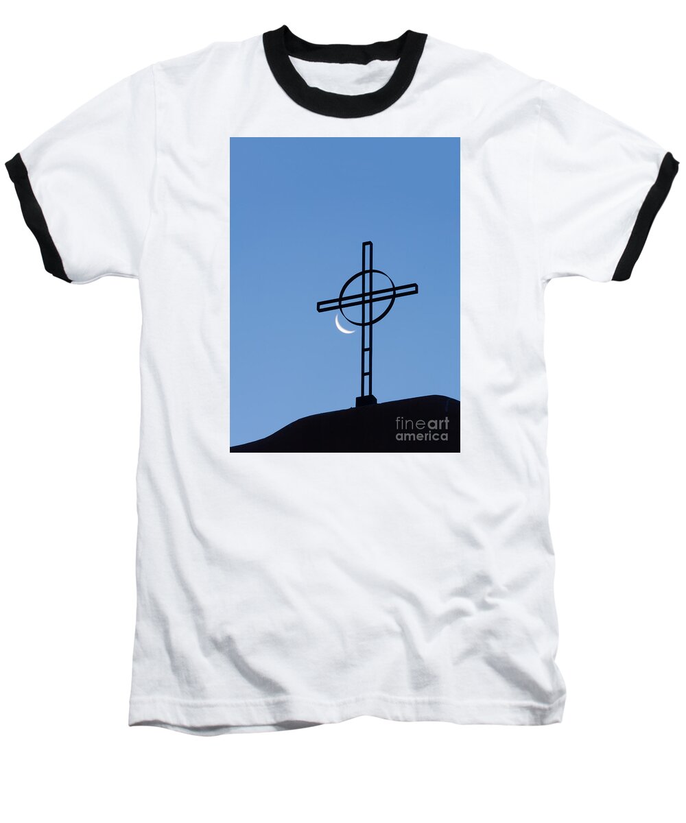 Moon Baseball T-Shirt featuring the photograph Crescent Moon and Cross by Patti Schulze