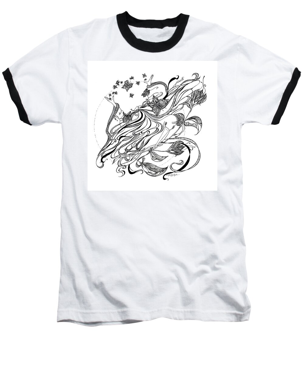 Black And White Baseball T-Shirt featuring the drawing Damia by Michele Sleight