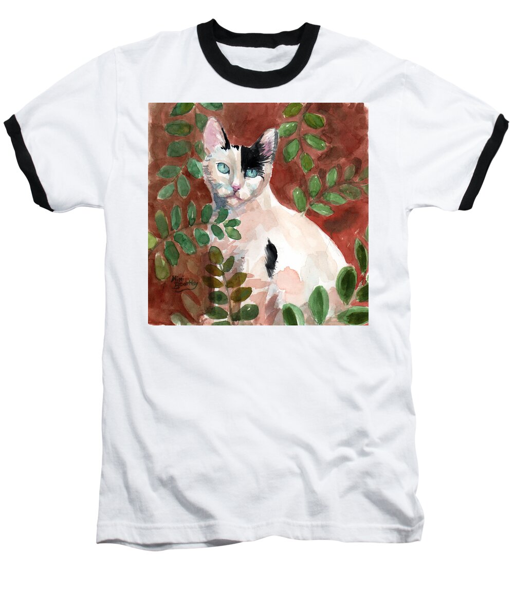 Black And White Cat Baseball T-Shirt featuring the painting Deano in the brush by Mimi Boothby