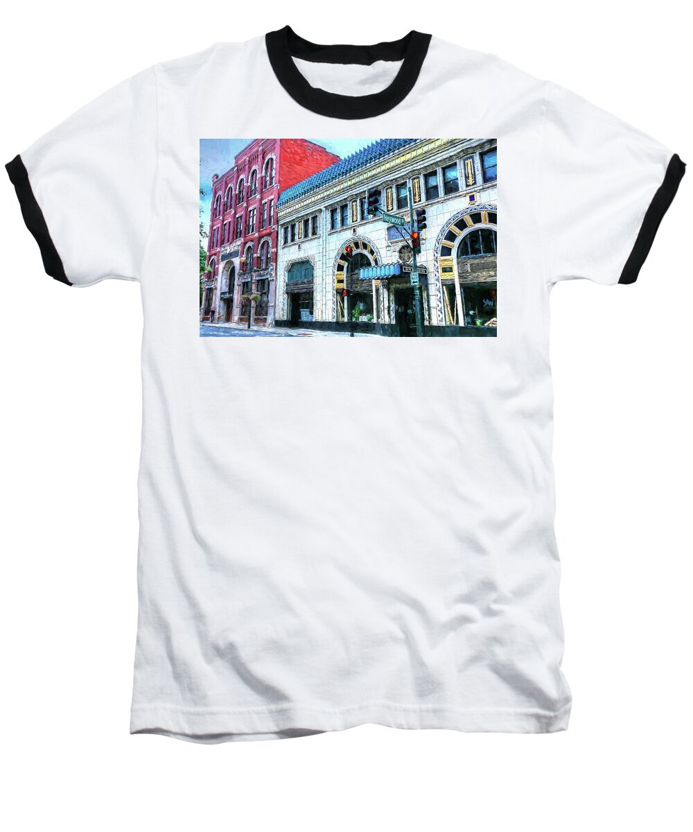 Downtown Asheville City Painted Street Scene Baseball T-Shirt featuring the photograph Downtown Asheville City Street Scene Painted by Carol Montoya