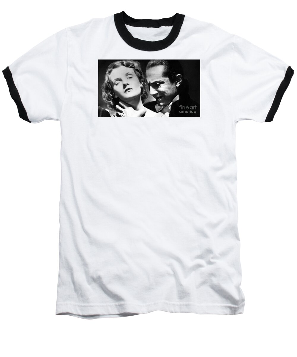Dracula Baseball T-Shirt featuring the photograph Dracula Bela Lugosi bites lady by Vintage Collectables