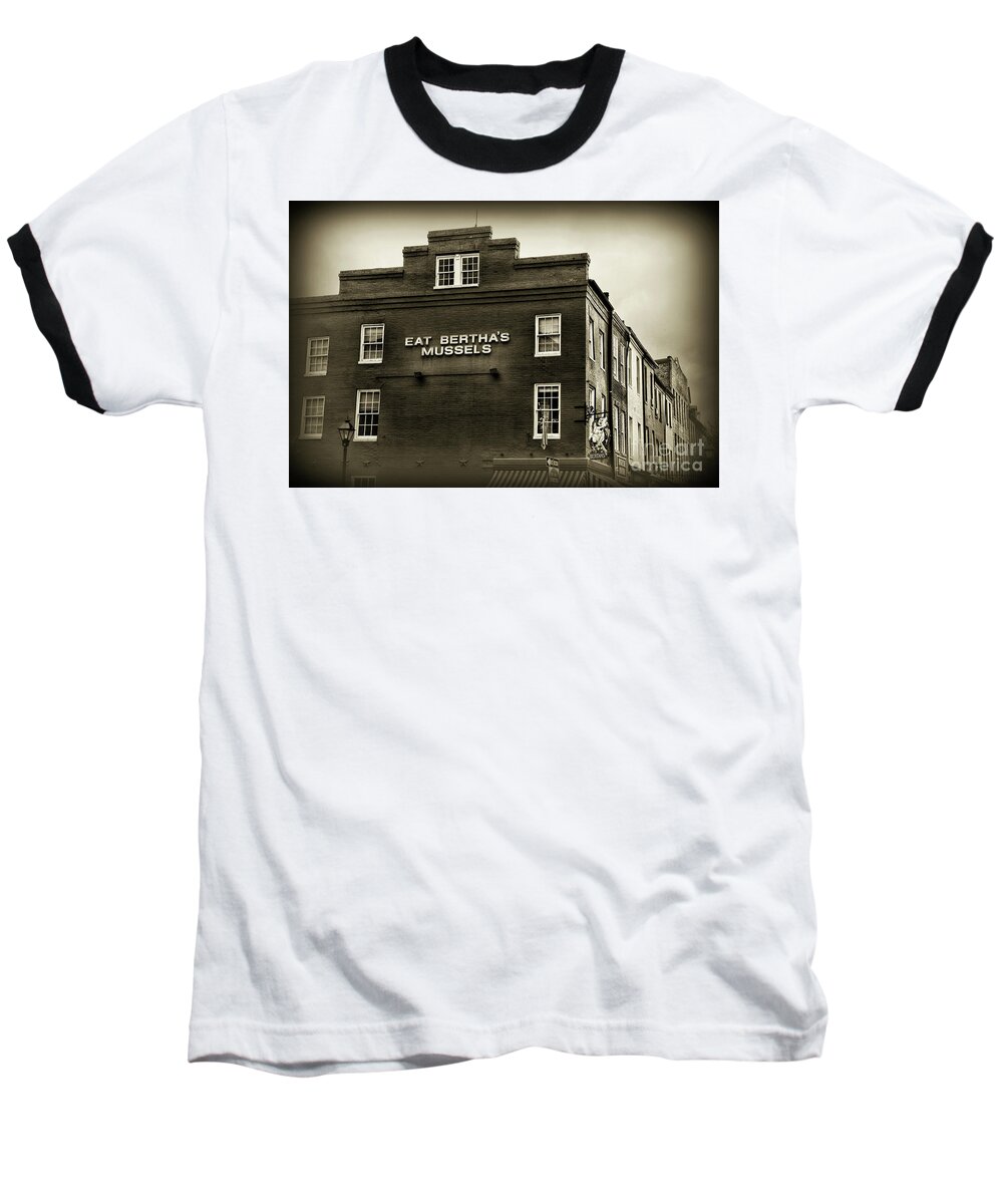 Paul Ward Baseball T-Shirt featuring the photograph Eat Berthas Mussels in black and white by Paul Ward