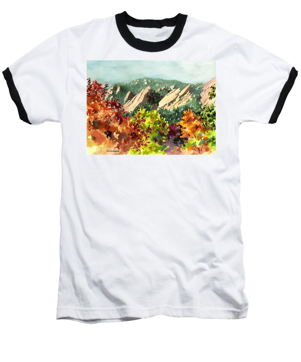 Red Leaves Art Baseball T-Shirt featuring the painting Fall Flatirons by Anne Gifford