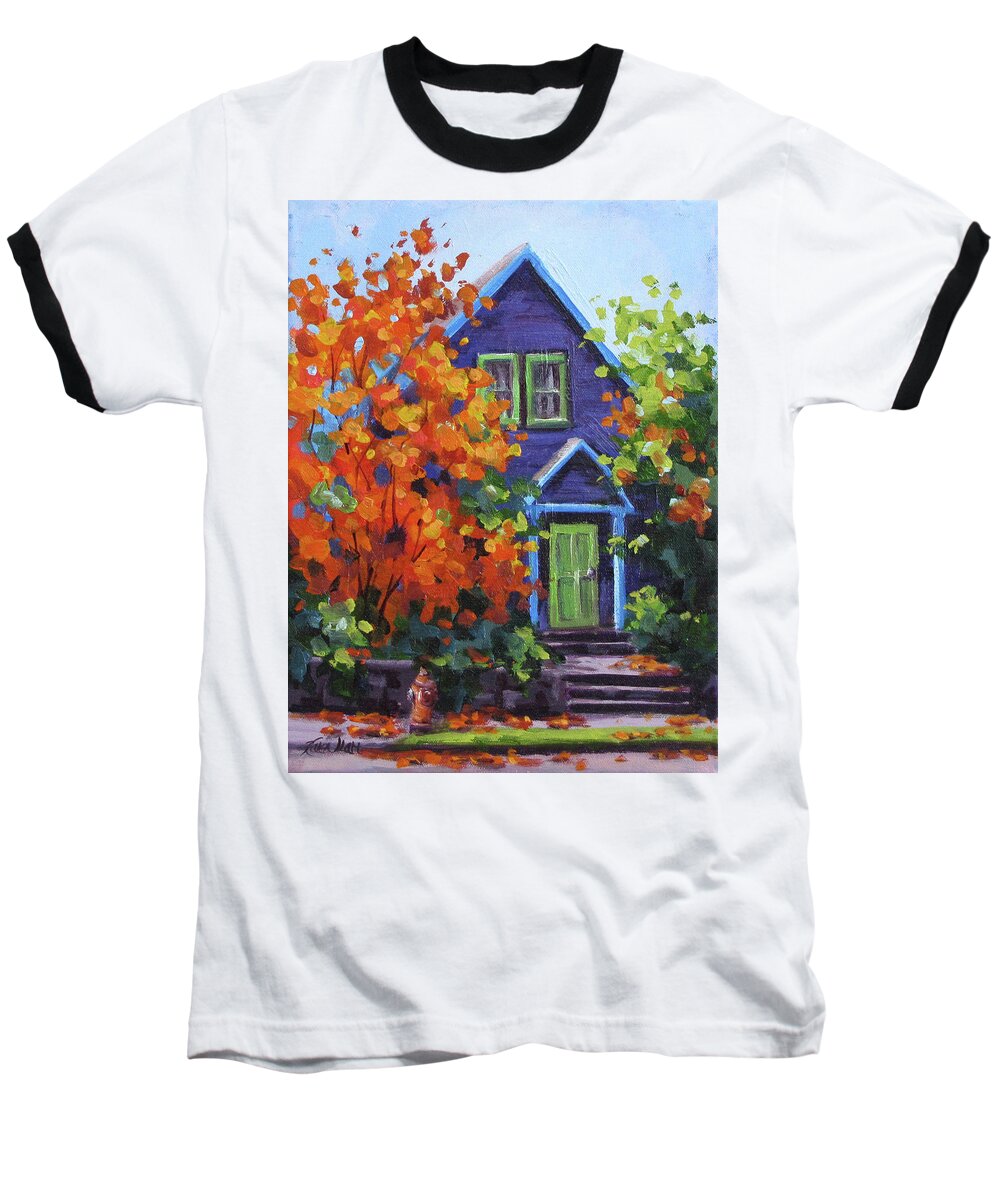 Color Baseball T-Shirt featuring the painting Fall in the Neighborhood by Karen Ilari