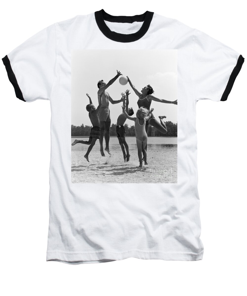 1960s Baseball T-Shirt featuring the photograph Family Playing Beach Volleyball, C.1960s by H. Armstrong Roberts/ClassicStock