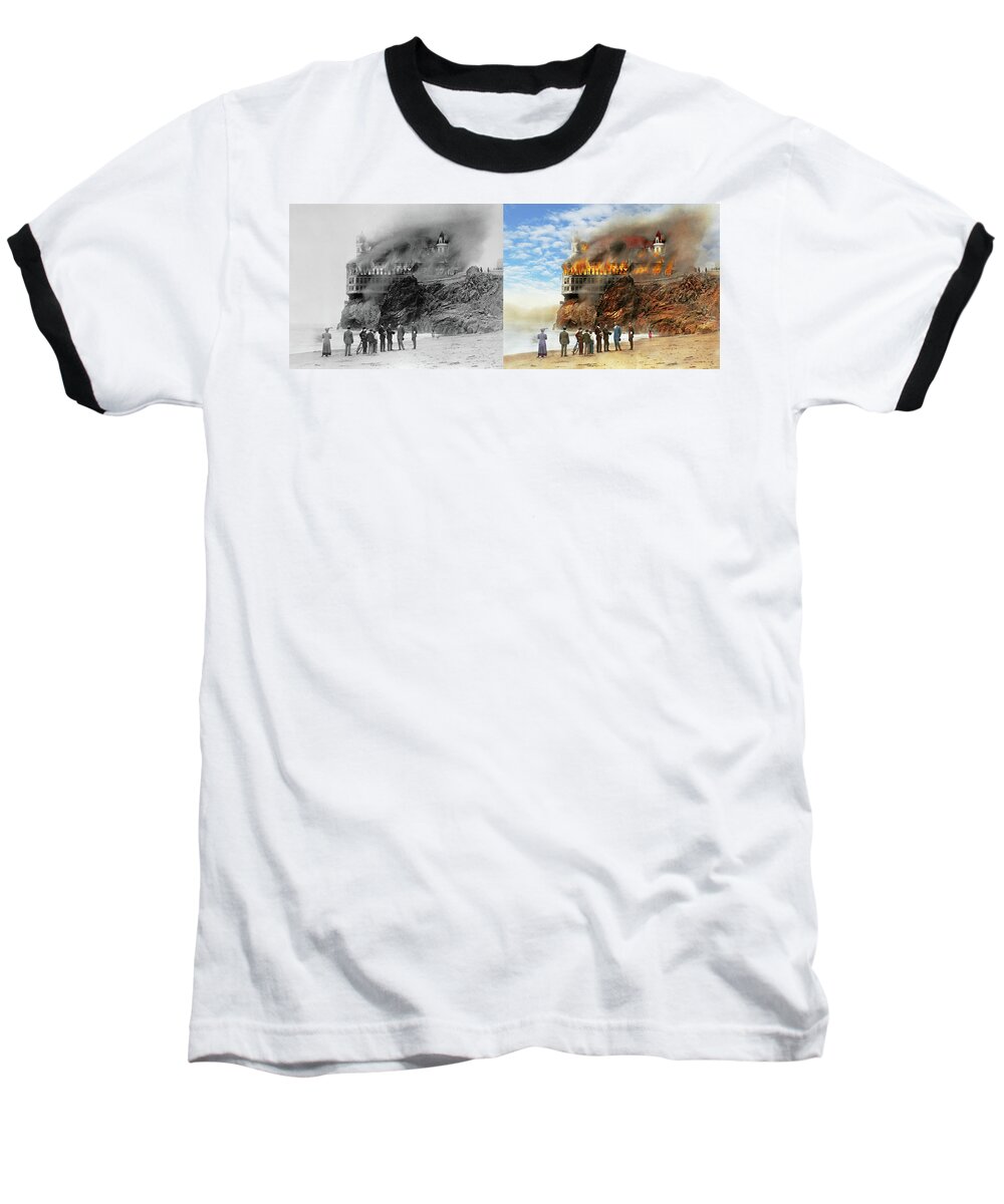 Cliff House Fire Baseball T-Shirt featuring the photograph Fire - Cliffside fire 1907 - Side by Side by Mike Savad