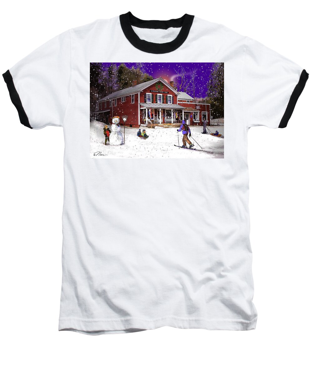 Country Baseball T-Shirt featuring the digital art First Snow at The South Woodstock Country Store by Nancy Griswold