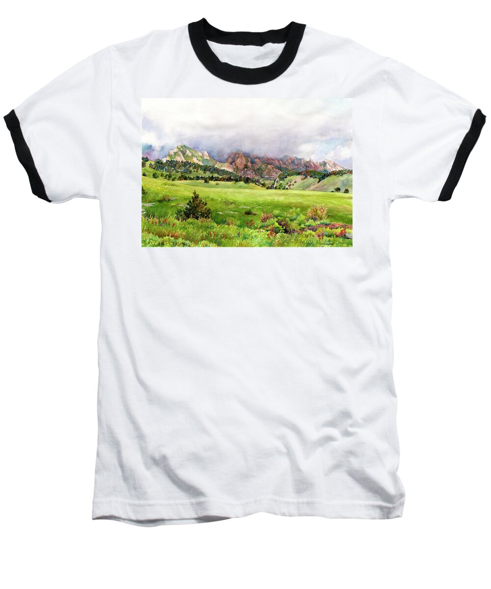 Flatirons Painting Baseball T-Shirt featuring the painting Flatirons Vista by Anne Gifford