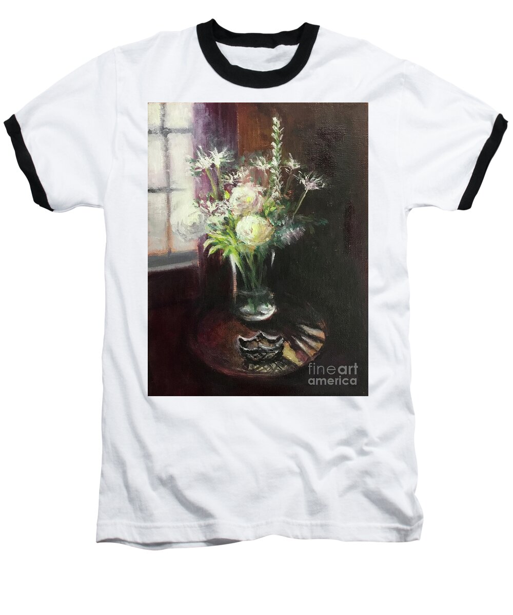 White Flower Baseball T-Shirt featuring the painting Flowers By The Window by Yoshiko Mishina