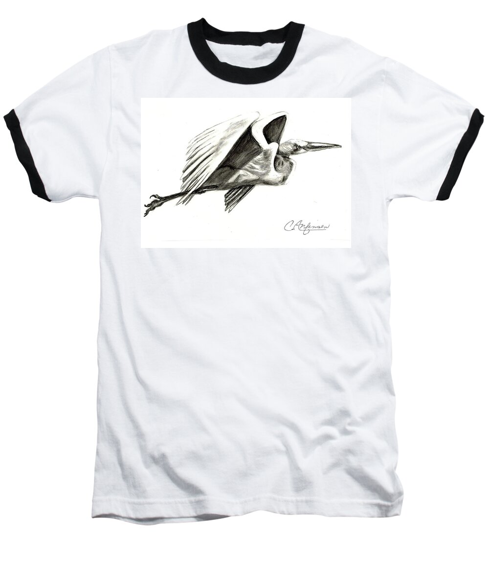 Egret Baseball T-Shirt featuring the drawing Flying your way by Carol Allen Anfinsen