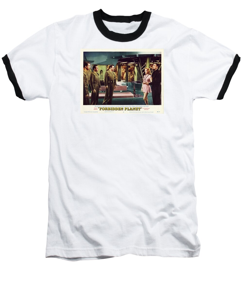 Forbidden Planet Baseball T-Shirt featuring the photograph Forbidden Planet in CinemaScope retro classic movie poster indoors by Vintage Collectables