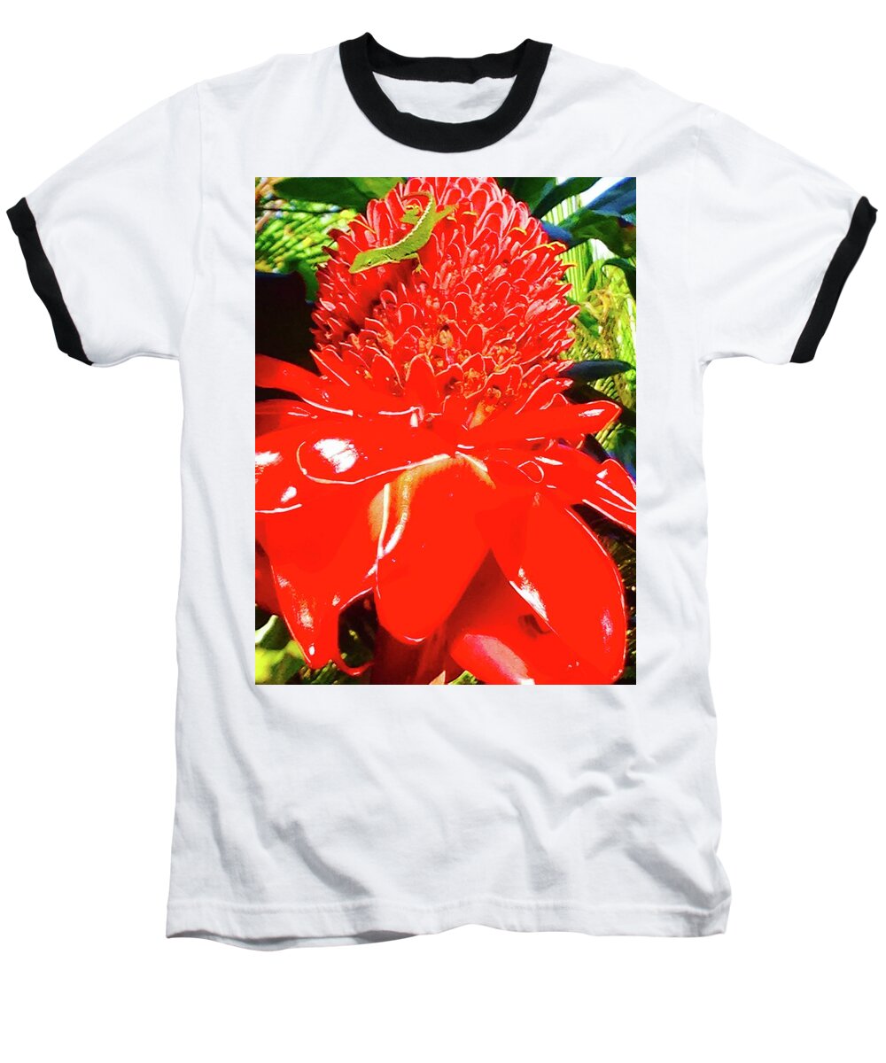Gecko Torch Ginger Red Flowers Of Aloha Baseball T-Shirt featuring the photograph Gecko on Torch Ginger by Joalene Young