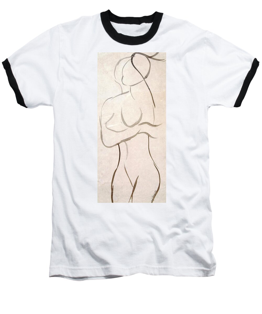Sketch Baseball T-Shirt featuring the mixed media Gestural Nude Sketch by Angela Murray