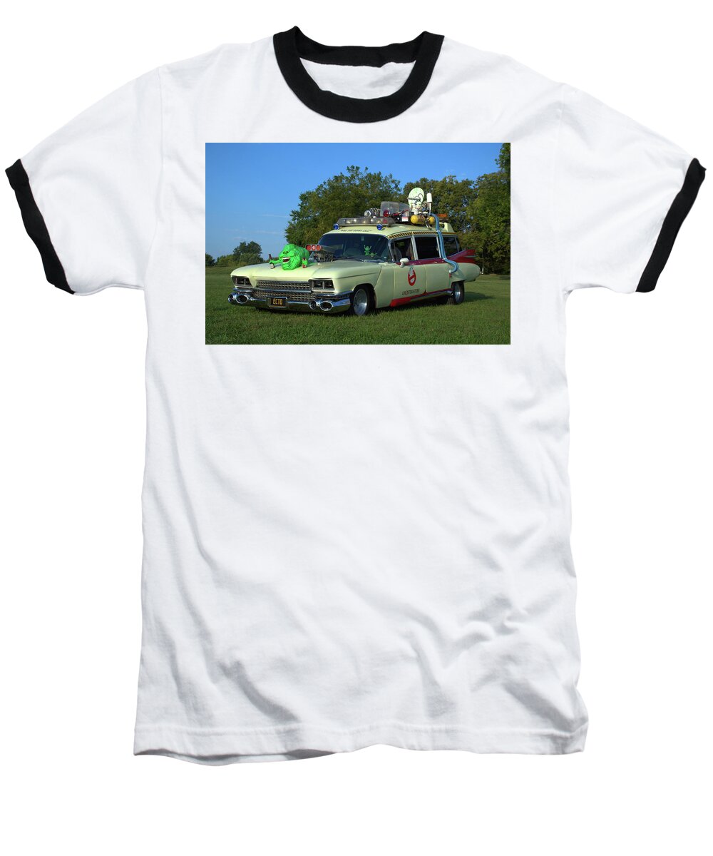 Ghostbusters Baseball T-Shirt featuring the photograph 1959 Cadillac Ghostbusters Ambulance Replica by Tim McCullough