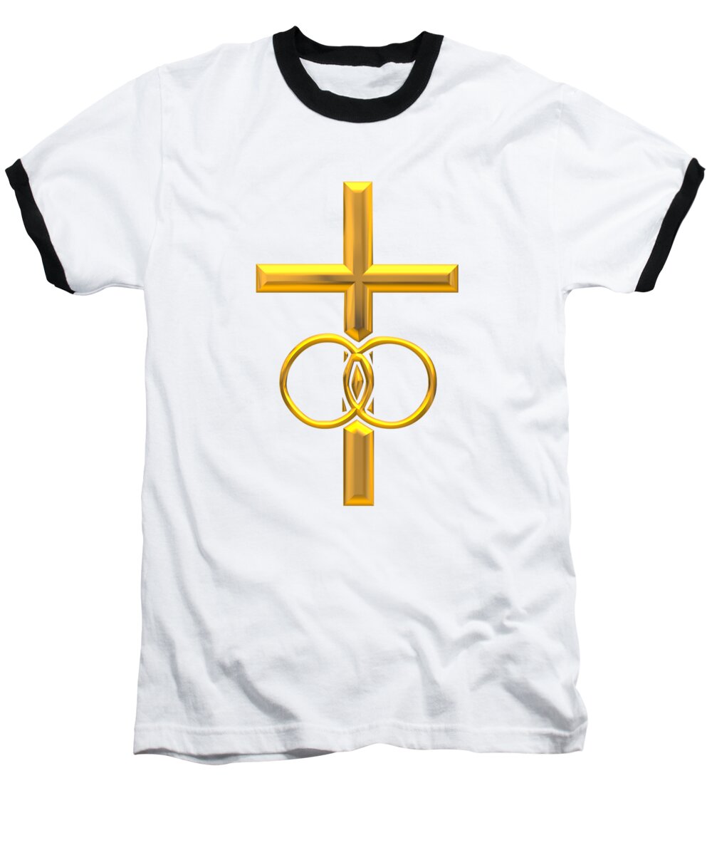 Golden 3d Look Cross With Wedding Rings Baseball T-Shirt featuring the digital art Golden 3D look Cross with Wedding Rings by Rose Santuci-Sofranko