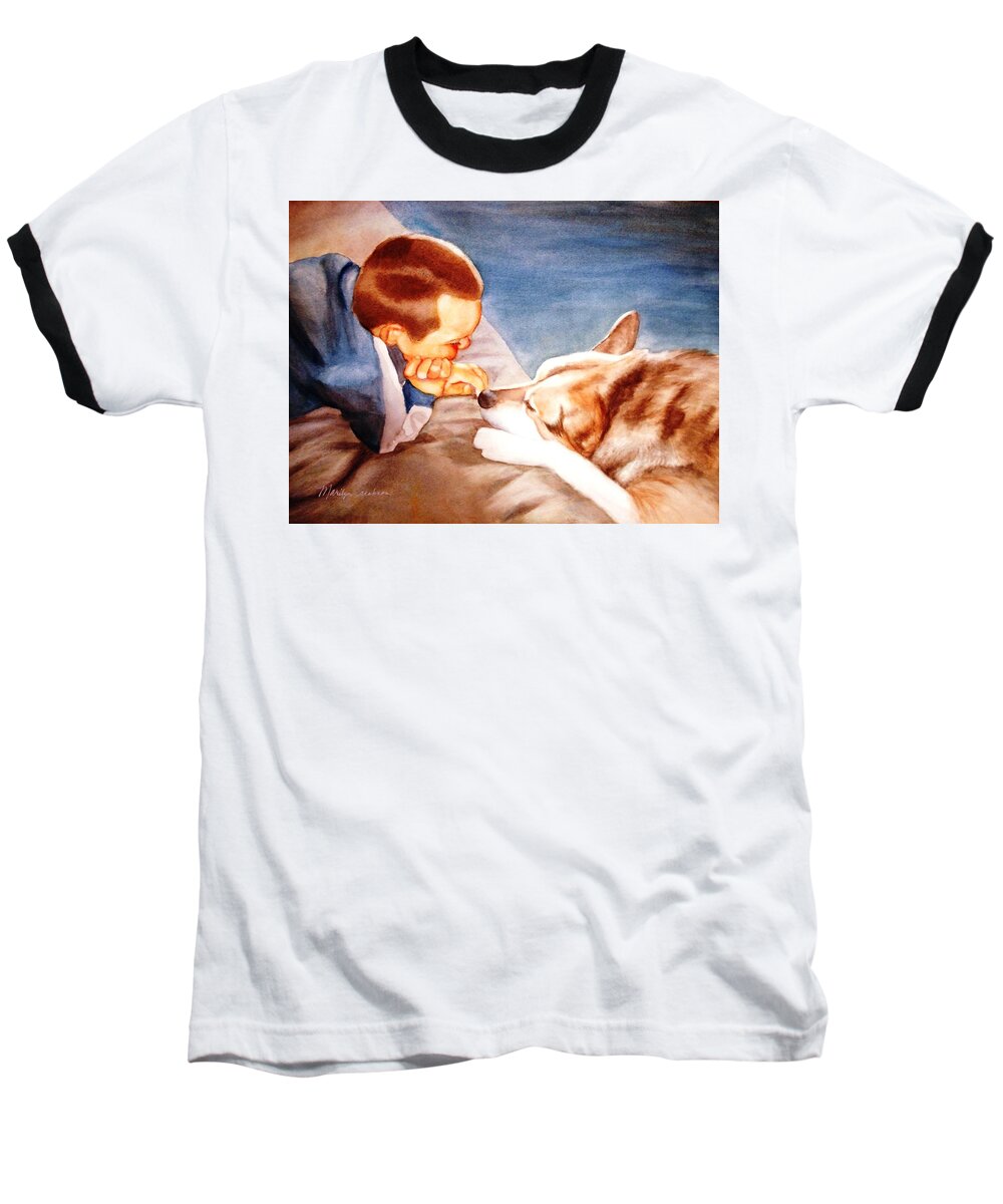 Boy & Dog Baseball T-Shirt featuring the painting Goodbye Misty by Marilyn Jacobson