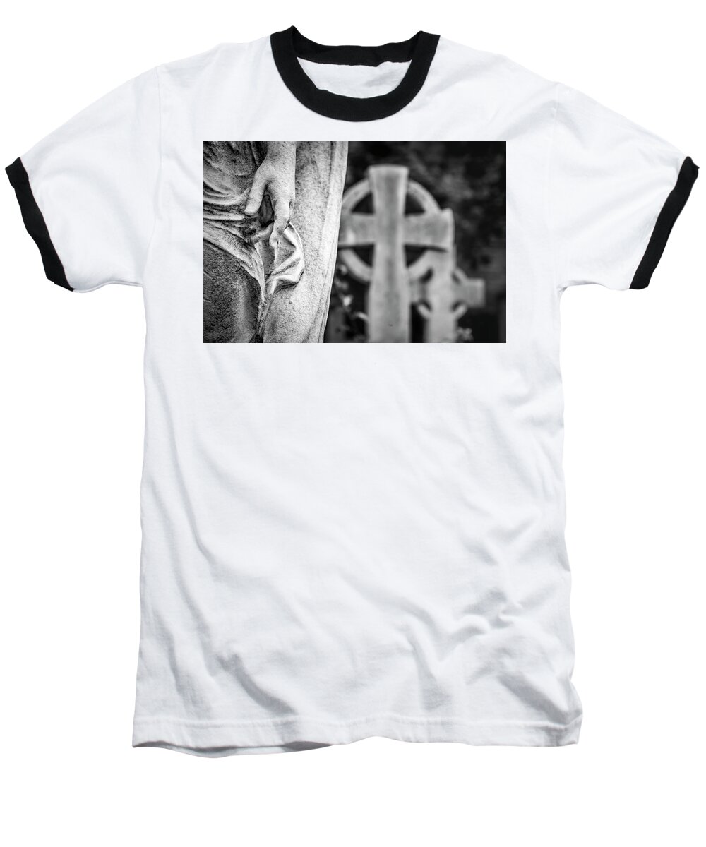 Cemetery Baseball T-Shirt featuring the photograph Hand and Cross by Sonny Marcyan