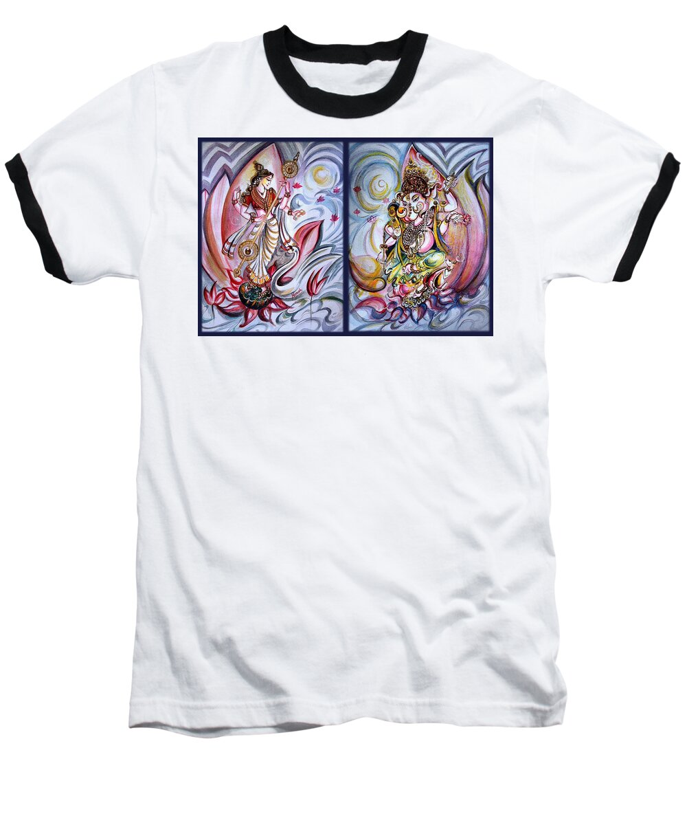 Ganesha Baseball T-Shirt featuring the painting Healing Art - Musical Ganesha and Saraswati by Harsh Malik