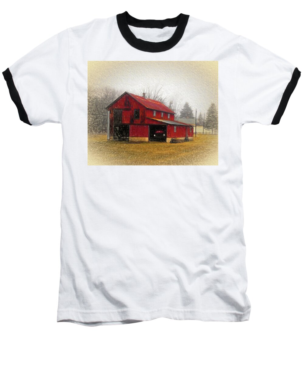 Red Barn Baseball T-Shirt featuring the digital art Hide Away by Leslie Montgomery