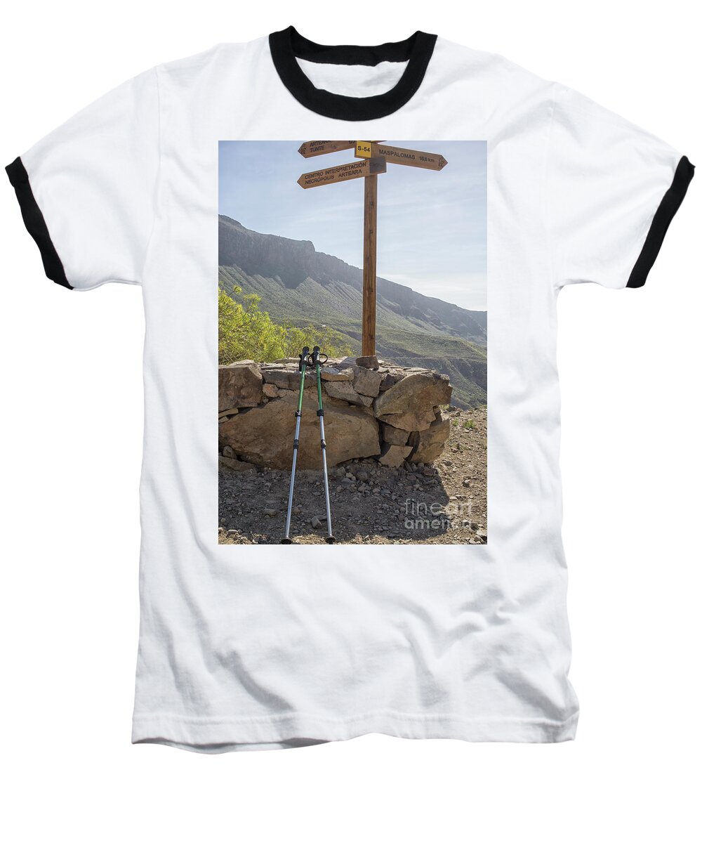 Active Baseball T-Shirt featuring the photograph Hiking poles resting near sign by Patricia Hofmeester