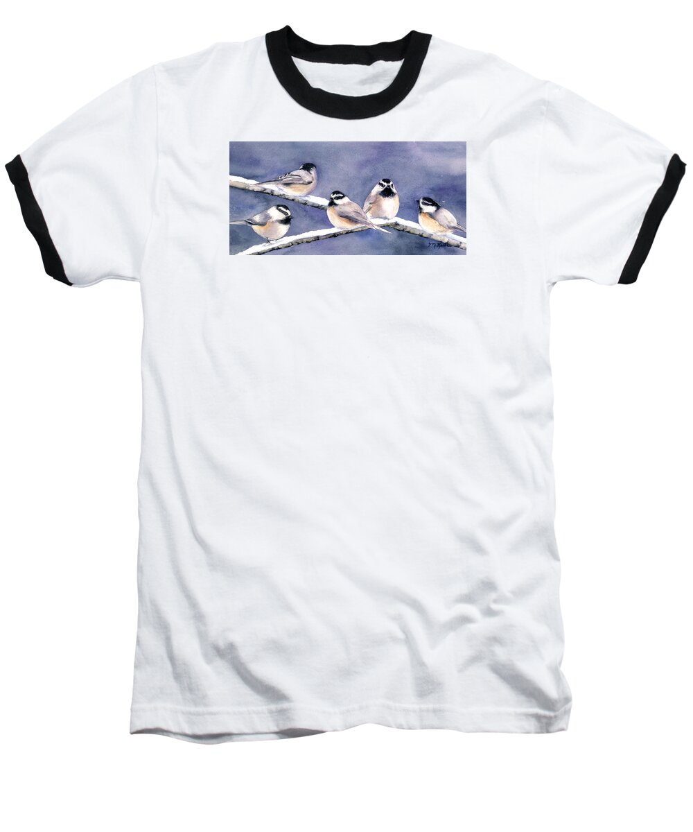 Birds Baseball T-Shirt featuring the painting Holiday Chickadees by Marsha Karle