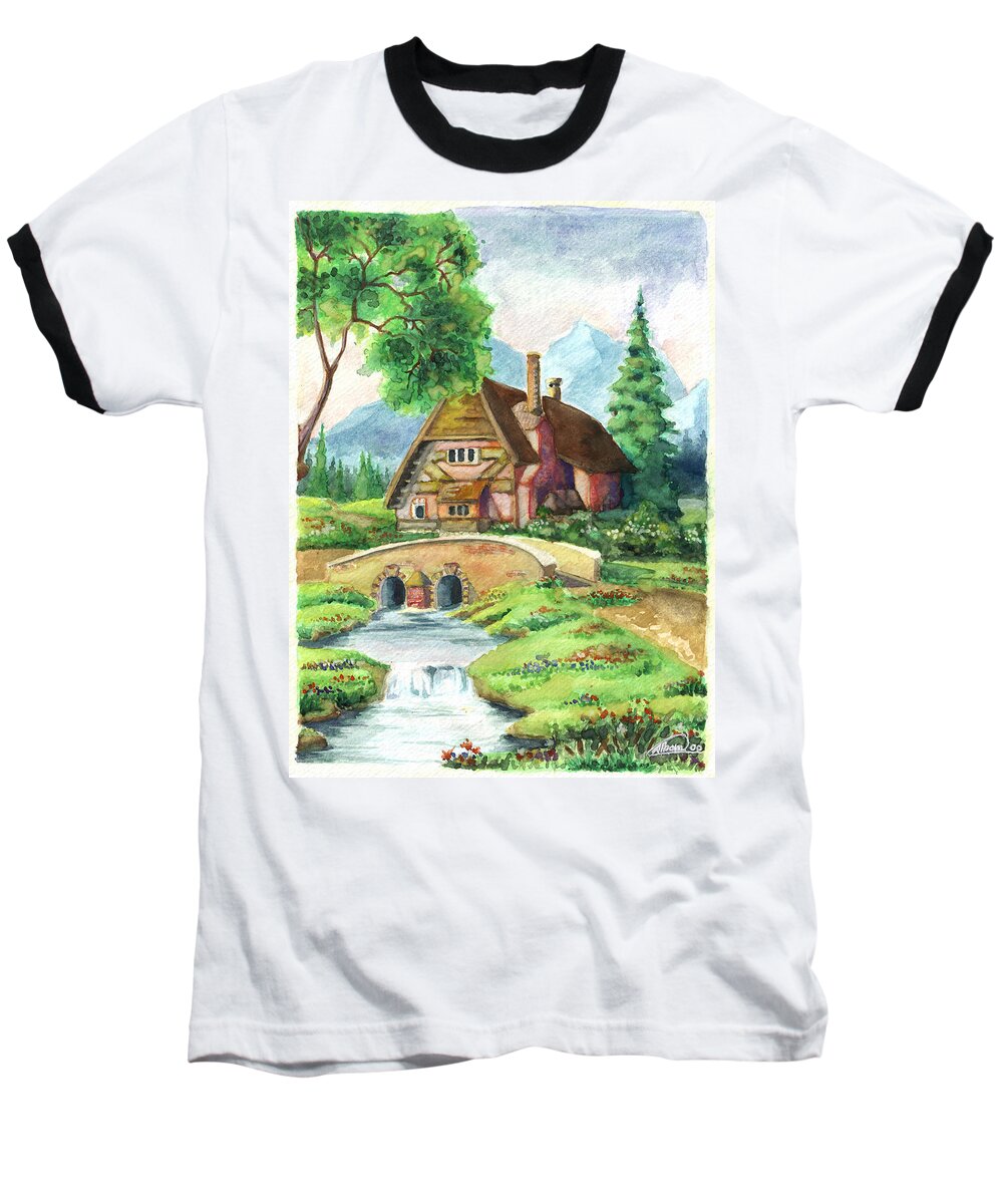 House Baseball T-Shirt featuring the painting House along the river by Alban Dizdari