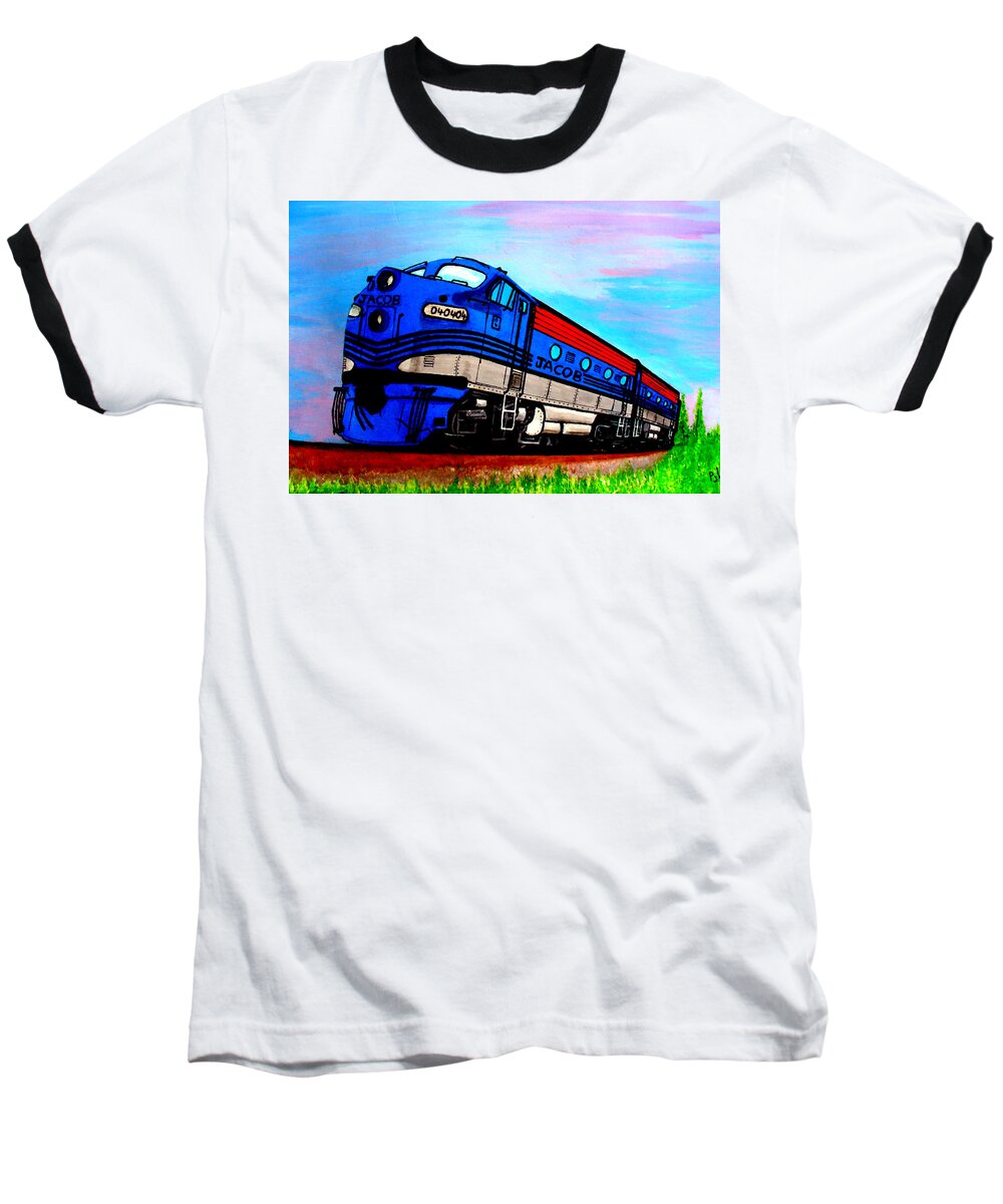 Trains. Poetry Baseball T-Shirt featuring the painting Jacob The Train by Pj LockhArt